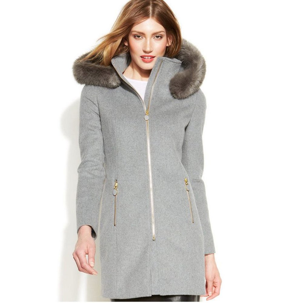 TAHARI Gray Faux Fur trim Hooded Wool Blend Walker Coat Size 4